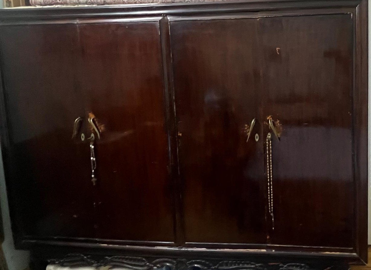 Bed frame with wardrobe & shelves unit