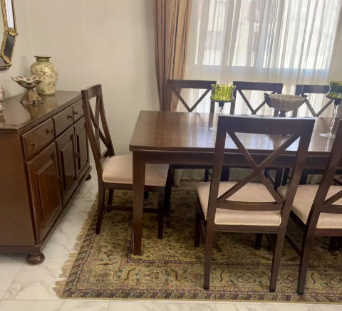 Negotiable غرفة سفرة كاملة 8 كراسي وبوفيه (خشب زان متين) | 8-Seater Dining Room"I thumbnail