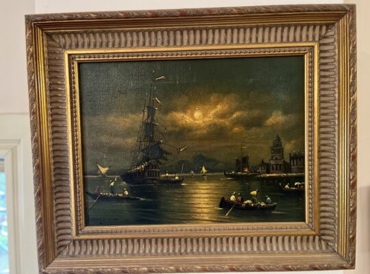 Oil painting with crafted wood frame